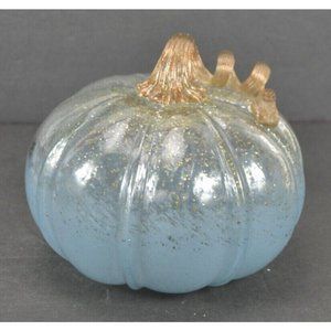 Hand Blown Art Glass Pumpkin Blue and Clear Fall Home Decor 7” Diameter 6" Tall